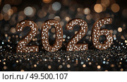 The banner. Happy New Year and Merry Christmas. Shiny numbers from 2026, sequins and a beautiful side on a dark background. The flyer. Invitation. Стоковое AI-изображение, AI-художник Photojuli / Фотобанк Лори