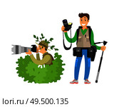 Photo reporter in bush, setting focus, vector. Photojournalist with tripod and camera gear, man zoom picture hiding in green leaves, paparazzi isolated. Photo Reporter in Bush, Vector. Photojournalist. Стоковая иллюстрация, агентство Ingram Publishing / Фотобанк Лори