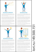 Business strategy and success, idea and planning, working people vector. Businessman showing chart, whiteboard with notes, director with gold award. Business Strategy and Success, Working People. Стоковая иллюстрация, агентство Ingram Publishing / Фотобанк Лори