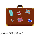 Luggage journey for traveler with bag isolated icon vector. Valise decorated with stickers of Canada flag, Eiffel tower and German Berlin landmark. Luggage Journey for Traveler with Bag Icon Vector. Стоковая иллюстрация, агентство Ingram Publishing / Фотобанк Лори
