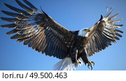 A large bird of prey extending its wings in a display of power and dominance in its natural habitat. Стоковое AI-изображение, AI-художник Данила Большаков / Фотобанк Лори