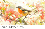 A painting depicting a bird perched on a tree branch against a simple background. Стоковое AI-изображение, AI-художник Данила Большаков / Фотобанк Лори
