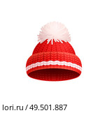 Knitted red hat with white pom-pom vector icon isolated. Warm headwear item, winter cloth thick woolen chunky yarn, hand knitting crochet headdress. Knitted Red Hat with White Pom-Pom Vector Icon. Стоковая иллюстрация, агентство Ingram Publishing / Фотобанк Лори