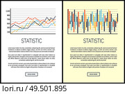 Statistics websites, charts and infographics set vector. Poster with text sample, schemes falling and rising results data. Flowcharts and explanation. Statistics Websites, Charts and Infographics Set. Стоковая иллюстрация, агентство Ingram Publishing / Фотобанк Лори