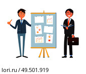 Business seminar businessman listening to presenter vector. Presentation with charts pie diagrams on board. Chief executive giving advices to partner. Business Seminar Businessman Listening Presenter. Стоковая иллюстрация, агентство Ingram Publishing / Фотобанк Лори
