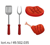 Beef steak roasted meat isolated icons vector. Spatula and fork for barbecue bbq cutlery. Ham and chicken wing cooked on grille, beefsteak illustration. Beef Steak Roasted Meat Icons Vector Illustration. Стоковая иллюстрация, агентство Ingram Publishing / Фотобанк Лори