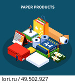 Paper products isometric design concept with  package box school supplies toilet paper rolls monetary denomination vector Illustration. Стоковая иллюстрация, агентство Ingram Publishing / Фотобанк Лори