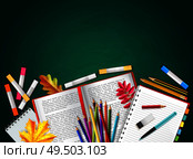 Back to school realistic background with books pencils crayons autumn leaves rubber vector illustration. Стоковая иллюстрация, агентство Ingram Publishing / Фотобанк Лори
