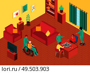 Nursing home room interior and people playing checkers 3d isometric vector illustration. Стоковая иллюстрация, агентство Ingram Publishing / Фотобанк Лори
