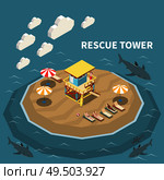 Lifeguard watching from rescue tower people lying on beach and sharks in sea 3d isometric illustration. Стоковая иллюстрация, агентство Ingram Publishing / Фотобанк Лори