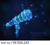Music media polygonal wireframe composition with text and glittering image of professional vocal microphone on stand vector illustration. Стоковая иллюстрация, агентство Ingram Publishing / Фотобанк Лори