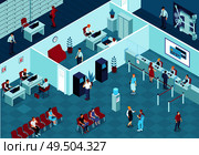 Bank interior isometric vector illustration with guards consulting employees clients atm vault for gold and cash. Стоковая иллюстрация, агентство Ingram Publishing / Фотобанк Лори