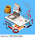 Conversion rate optimization isometric concept with stationery and planner with diagram on work place 3d vector illustration. Стоковая иллюстрация, агентство Ingram Publishing / Фотобанк Лори