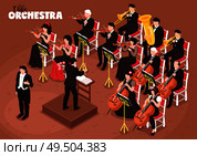 Classical music orchestra isometric composition with singer conductor directing performance violin cello tuba bass players vector illustration. Стоковая иллюстрация, агентство Ingram Publishing / Фотобанк Лори