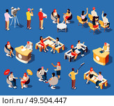 Isometric icons set with talk show hosts guests and shooting team isolated on blue background 3d vector illustration. Стоковая иллюстрация, агентство Ingram Publishing / Фотобанк Лори