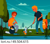 Nature cleanup flat composition with volunteers picking up litter bottles plastic packaging trash near pond vector illustration. Стоковая иллюстрация, агентство Ingram Publishing / Фотобанк Лори