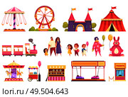 Amusement park isolated icons set of autodrome train carousel medieval castle attractions circus tent and visitors cartoon vector illustration. Стоковая иллюстрация, агентство Ingram Publishing / Фотобанк Лори