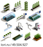 Modern green house isometric elements with automated hydroponics and aeroponic smart garden beds robotic assistant vector illustration. Стоковая иллюстрация, агентство Ingram Publishing / Фотобанк Лори