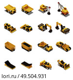 Mining machinery isometric icons set with dump trucks excavators carts isolated on white background 3d vector illustration. Стоковая иллюстрация, агентство Ingram Publishing / Фотобанк Лори