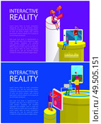 Interactive reality, innovative new gadgets and technologies set of posters with text sample. Table tennis played by man wearing vr goggles vector. Interactive Reality Gadgets Vector Illustration. Стоковая иллюстрация, агентство Ingram Publishing / Фотобанк Лори