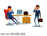 Consultant man, businessman talking on cell mobile phone with clients vector. Boss sitting at table and receiving calls, looking at monitor screen. Consultant Businessman Talking on Cell at Table. Стоковая иллюстрация, агентство Ingram Publishing / Фотобанк Лори