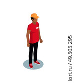 Delivery man wearing red uniform with yellow hat. Deliveryman taking ordered items for clients. Person with name badge on t-shirt isolated on vector. Delivery Man Wearing Uniform Vector Illustration. Стоковая иллюстрация, агентство Ingram Publishing / Фотобанк Лори