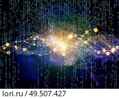 Oscillating sine waves, numbers, lights and network nodes backdrop on the subject of networking and information technology. Стоковое фото, агентство Ingram Publishing / Фотобанк Лори