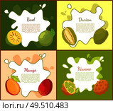 Bael and durian, posters set with text and tropical exotic fruits. Kiwano slice and succulent mango, meal for vegetarians and people on diet vector. Bael and Durian Posters Set Vector Illustration. Стоковая иллюстрация, агентство Ingram Publishing / Фотобанк Лори