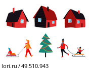 Winter activities people and houses set vector. Pine evergreen Christmas tree decorated with lights and garlands. Mother with kid on sledges family. Winter Activities People and Houses Set Vector. Стоковая иллюстрация, агентство Ingram Publishing / Фотобанк Лори