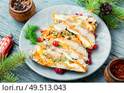 Fish roll.Fish stuffed with vegetables.Banquet dish or Christmas food. Mackerel roll with vegetables. Стоковое фото, агентство Ingram Publishing / Фотобанк Лори