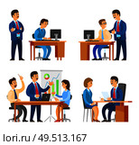 Boss chief executive supervising novice at work vector. Business meeting of team, thinking on solutions and ideas. Employment of woman interviewing. Boss Chief Executive Supervising Novice at Work. Стоковая иллюстрация, агентство Ingram Publishing / Фотобанк Лори