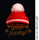 Winter holidays knitted red hat with white pom-pom vector. Warm headwear item, wintertime cloth thick woolen chunky yarn, hand knitting crochet headdress. Winter Holidays knitted red hat with white pom-pom. Стоковая иллюстрация, агентство Ingram Publishing / Фотобанк Лори