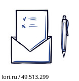 Envelope with opened voting page having marks and pen icon isolated vector. Ballot and information on sheet of paper. Monochrome sketch outline document. Envelope with opened Voting Page Marks For Against. Стоковая иллюстрация, агентство Ingram Publishing / Фотобанк Лори