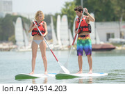 silhouette of perfect couple engage standup paddle boarding. Стоковое фото, агентство Ingram Publishing / Фотобанк Лори