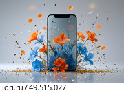 A photo of a sleek and modern blank smartphone screen centered on a clean and minimalistic background, surrounded by an artistic composition of bright orange and blue flowers with soft petals. Стоковое AI-изображение, AI-художник Александр Поташев / Фотобанк Лори