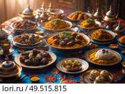 Festive table for the Muslim holiday of Eid al-Adha. Стоковое AI-изображение, AI-художник Александр Поташев / Фотобанк Лори