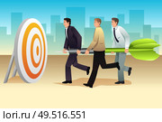 A vector illustration of businessmen  Aiming a Dart on the Target. Стоковая иллюстрация, агентство Ingram Publishing / Фотобанк Лори