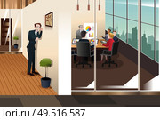 A vector illustration of businessman listening to the conversation in a meeting room. Стоковая иллюстрация, агентство Ingram Publishing / Фотобанк Лори