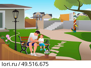 A vector illustration of father and son playing with bird on bird feeders in the backyards. Стоковая иллюстрация, агентство Ingram Publishing / Фотобанк Лори