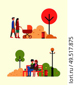 Family people with pram, couple working in park vector. Autumnal trees, fall season, relaxation on wooden bench. Freelancers working together outdoors. Family People with Pram, Couple Working in Park. Стоковая иллюстрация, агентство Ingram Publishing / Фотобанк Лори