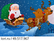 A vector illustration of Santa Claus riding the sleigh pulled by reindeers in the middle of winter night. Стоковая иллюстрация, агентство Ingram Publishing / Фотобанк Лори