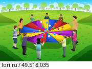 A vector illustration of teacher playing rainbow parachute together with her students . Стоковая иллюстрация, агентство Ingram Publishing / Фотобанк Лори