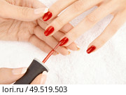 The female hand puts a varnish on nails of the female fingers, isolated. Стоковое фото, агентство Ingram Publishing / Фотобанк Лори