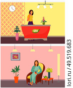 Spa salon reception woman appointing meetings on phone and resort relaxation set vector. Lady drinking refreshing tea from teapot wearing light gown. Spa Salon Reception and Resort Relaxation Vector. Стоковая иллюстрация, агентство Ingram Publishing / Фотобанк Лори