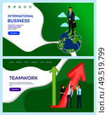 International business partnership and developed network vector. Businessman walking on globe with briefcase, teamwork with rising arrowheads results. International Business Partnership and Network. Стоковая иллюстрация, агентство Ingram Publishing / Фотобанк Лори
