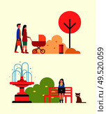 People walking in autumn park with perambulator vector. Woman freelancer busy work sitting on bench by fountain with pet dog. Fall season relaxation. People Walking in Autumn Park with Perambulator. Стоковая иллюстрация, агентство Ingram Publishing / Фотобанк Лори