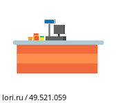 Empty seller counters and desks of cashier vector. Supermarket cash desk with computer, jars and glasses with products on desktop in store isolated icons. Empty Seller Counter and Desktop of Cashier Vector. Стоковая иллюстрация, агентство Ingram Publishing / Фотобанк Лори