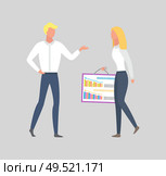 Woman holding board with charts and graphs and man giving advices, business people achieving agreement at meeting. Professional collaboration at work, vector. Woman Holding Board with Charts and Graphs and Man. Стоковая иллюстрация, агентство Ingram Publishing / Фотобанк Лори