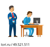 Boss company leader supervising new office worker vector. Director dissatisfied with novice working on personal computer. Unsure new employed person. Boss Company Leader Supervising New Office Worker. Стоковая иллюстрация, агентство Ingram Publishing / Фотобанк Лори