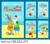 Merry Christmas, Santa Claus and surfing board, Xmas character on summer rest riding on water skis. Vector Saint Nicholas resting on sunbed, swimming with dolphin. Merry Christmas Santa Claus Surfing Board, Dolphin. Стоковая иллюстрация, агентство Ingram Publishing / Фотобанк Лори